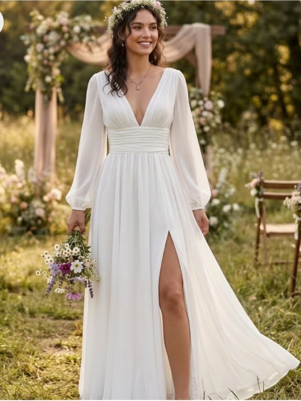 New Lulus Elegant White Long Sleeve V-Neck Maxi Dress with Side Slit Sz Small